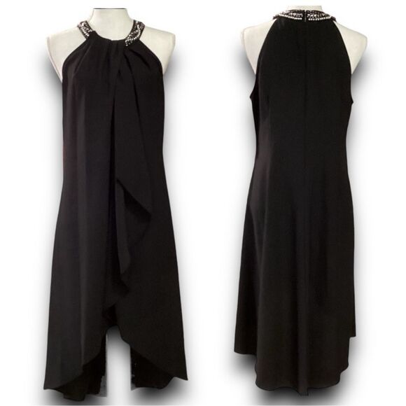 Ignite Evenings Petite Size Satin Back Crepe Beaded High-Low Halter Neck Sleevel - Picture 1 of 12